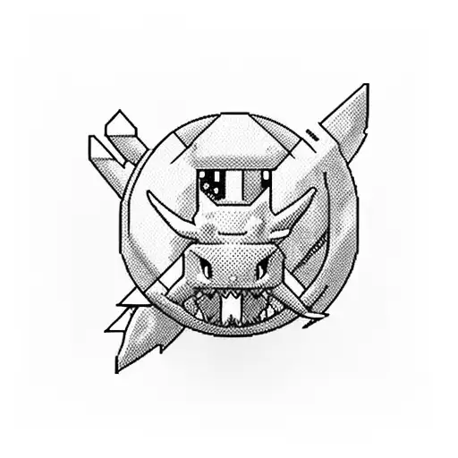 A pixelated Gyarados emerging from a Pokeball, with a Jaws movie poster vibe tattoo design idea