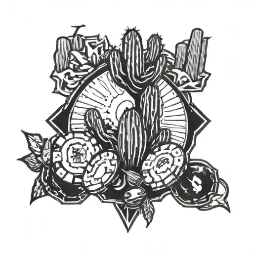 arizona cardnals logo incorporated into the design with arizona sun set with cactus and poker chips lying around tattoo design idea