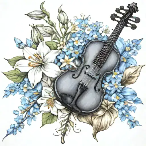 black violin, columbines and forget me nots held tattoo design idea