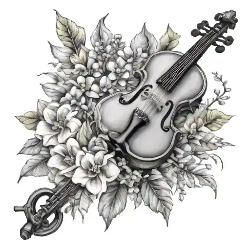 black violin surrounded by flowers tattoo design idea