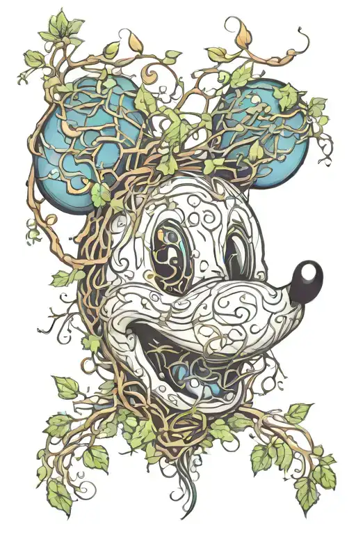 Mickey Mouse head made of twigs and vines growing tattoo design idea