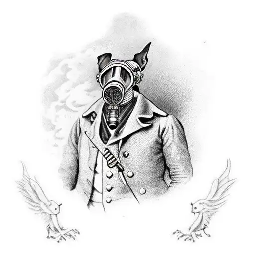 man in full plague dr 1800s gear walking a Doberman also in a full plague suit with gas masks tattoo design idea