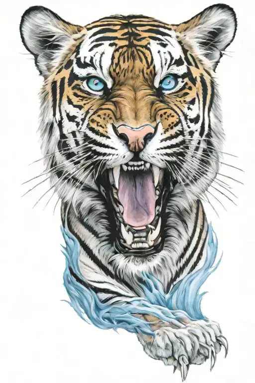 Tiger roaring with light blue beaming eyes  tattoo design idea