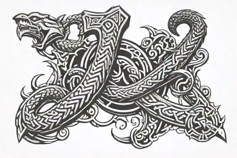Thor and Jormungandr encircling Mjölnir tattoo design idea