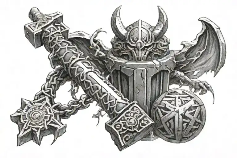 thors hammer with lightning fighting dragon tattoo design idea