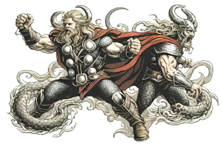 thor battling midgard serpent at sea tattoo design idea
