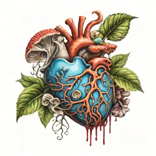 realistic heart with multiple eyes inside and mushrooms growing from the heart's pumps  tattoo design idea
