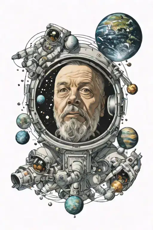 Galileo's face looking up with the planets jupiter,saturn, and neptune overhead and a astronaut floating by below him tattoo design idea