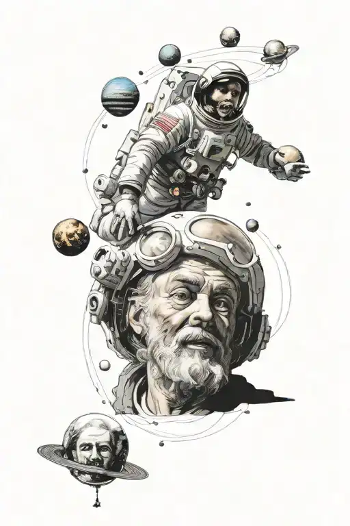 Galileo's face looking up with the planets jupiter,saturn, and neptune overhead and a astronaut floating by below him tattoo design idea