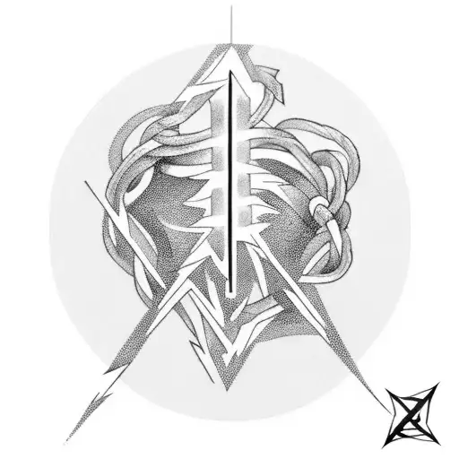 A unique and captivating tattoo design merging the symbols of electricity and Greek mythology, featuring Zeus's lightning bolt intertwined with electrical wires. tattoo design idea