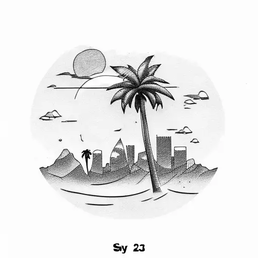 Number 23 with california palm tree, skyscraper building, and florida beach tattoo design idea