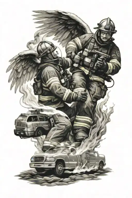 angel and firefighter battling flames tattoo design idea