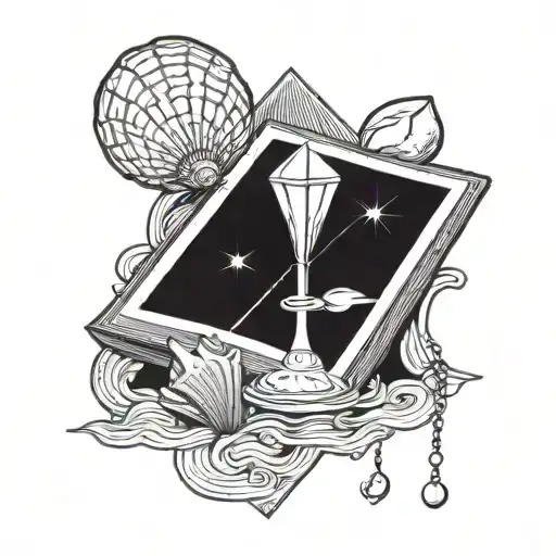 page of wands (tarot card)  and a sea shelll and a diamond  tattoo design idea