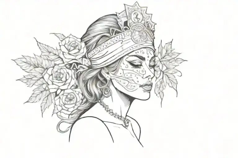 Хорошо, вот перевод:  A burning dollar bill with a blindfolded woman with wreaths on her head in the center. Around her  tattoo design idea