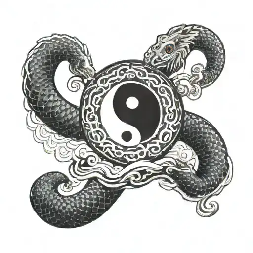 ying yang symbol, with a cobra snake around it, symbolizing muay thai cloud, in a single tattoo, black and white tattoo design idea