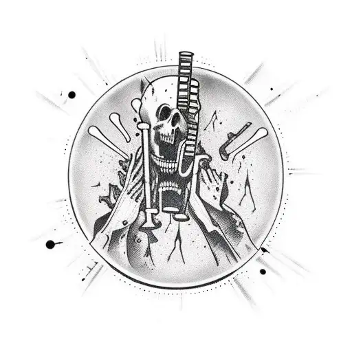 Gore-filled horror movie scene with musical instruments tattoo design idea