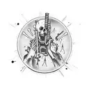 Gore-filled horror movie scene with musical instruments tattoo design idea