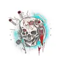 Gore-filled horror movie scene with musical instruments tattoo design idea