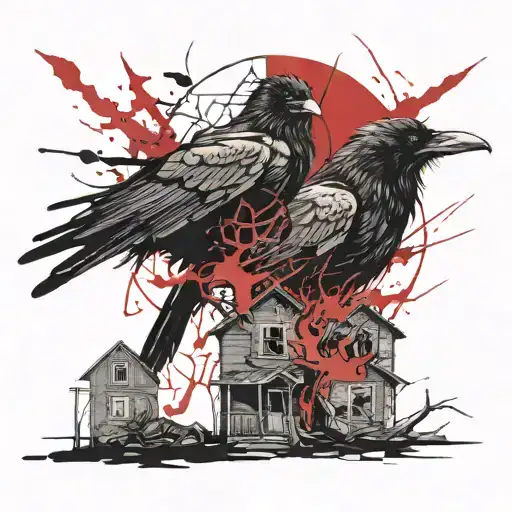 a raven in the center of the pentagram against the background of a burning house tattoo design idea