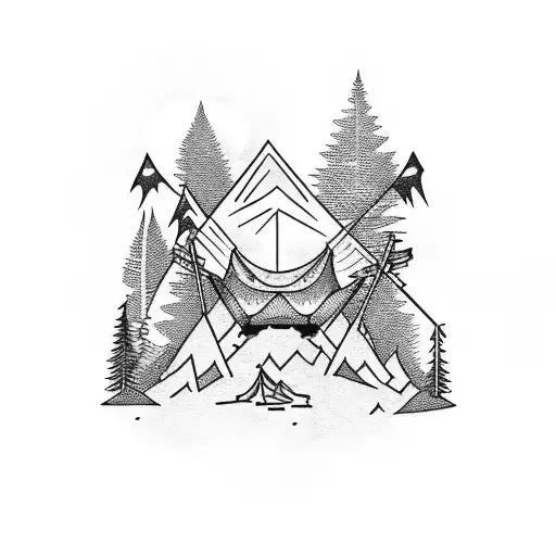 a guitar ate the top of a camping chair, with a bonfire and mountais tattoo design idea