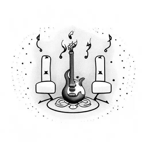 A detailed guitar surrounded by flame on a chairs from a bonfire, done in blackwork style tattoo design idea