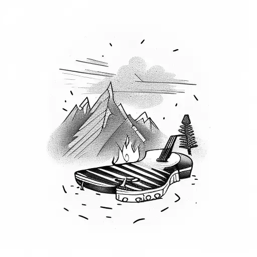 a guitar placed on a camping chair, with a bonfire and mountais tattoo design idea