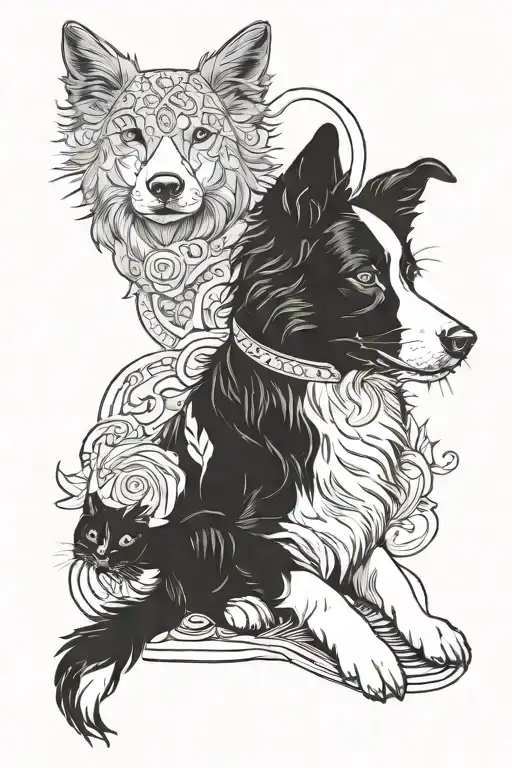 border collie next to a black cat tattoo design idea
