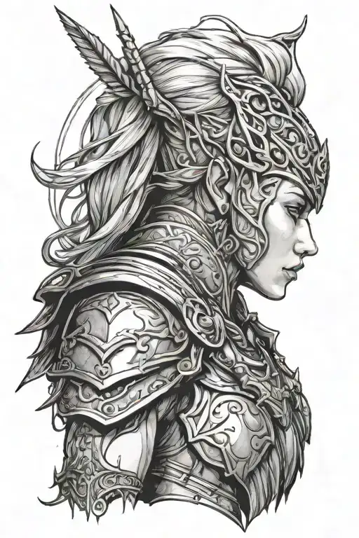 Sketch a 3/4 profile of an androgynous elven warrior with a majestic, epic, and heroic facial appearance and short hair  tattoo design idea