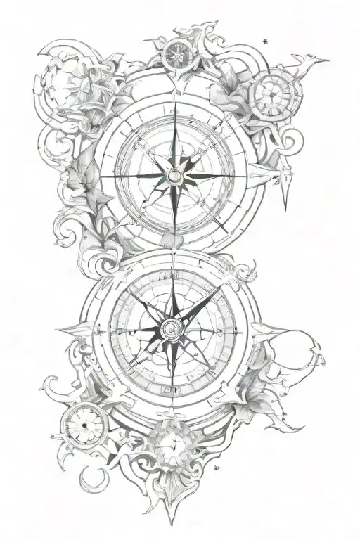 A magical compass guiding a traveler through different realms tattoo design idea