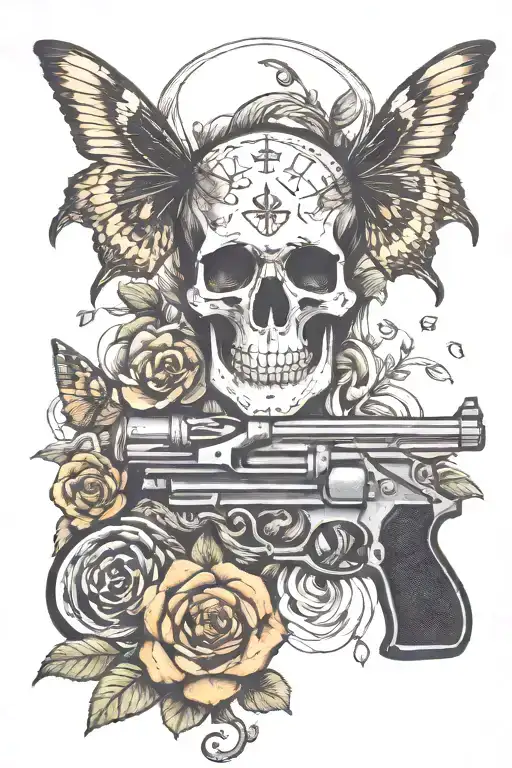 gun and butterflies and snake,skull tattoo design idea