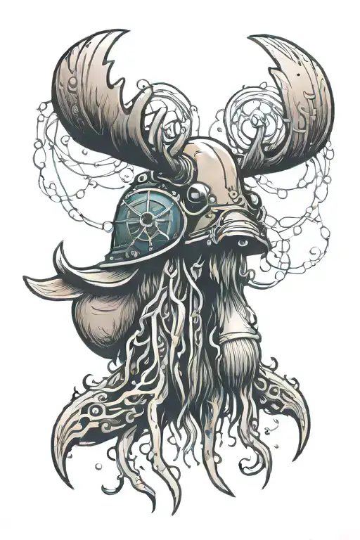 Moose-jellyfish hybrid wearing a spartan helmet tattoo design idea