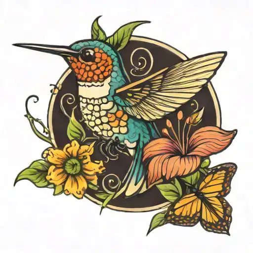 hummingbird with a monarch butterfly behind it tattoo design idea
