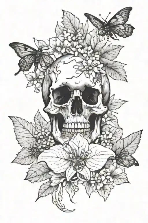 beluga whale skull, maple leaf, honey bee, honeysuckle,  tattoo design idea
