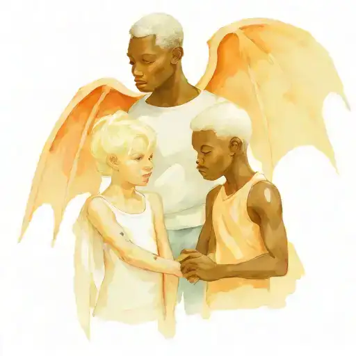 muscular black boy with albino girl with bat wings tattoo design idea