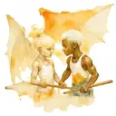 muscular black boy with albino girl with bat wings tattoo design idea