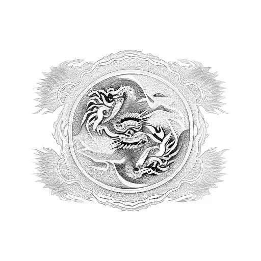dragon and Phoenix around  yin Yang lotus mandala tattoo design idea