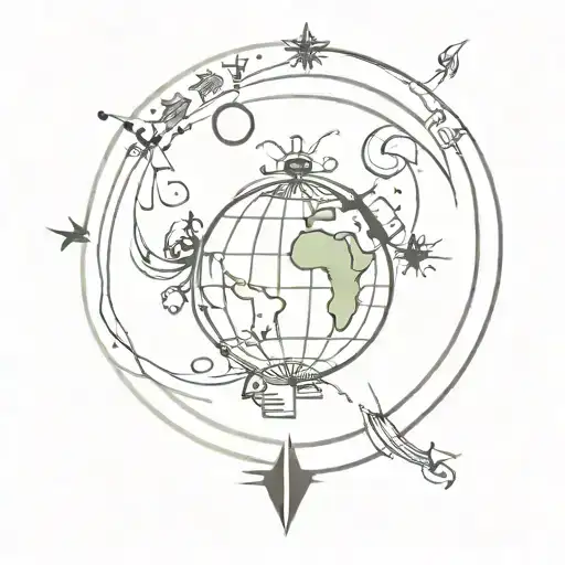 A globe surrounded by various traditional dance symbols from around the world, showcasing a love for dance and cultural exploration tattoo design idea