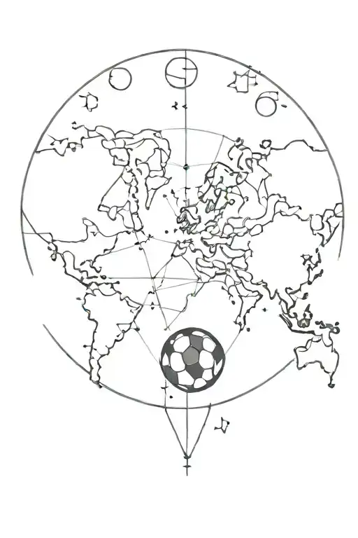 A minimalist outline of a world map with a soccer ball in the center, symbolizing your love for traveling and soccer tattoo design idea