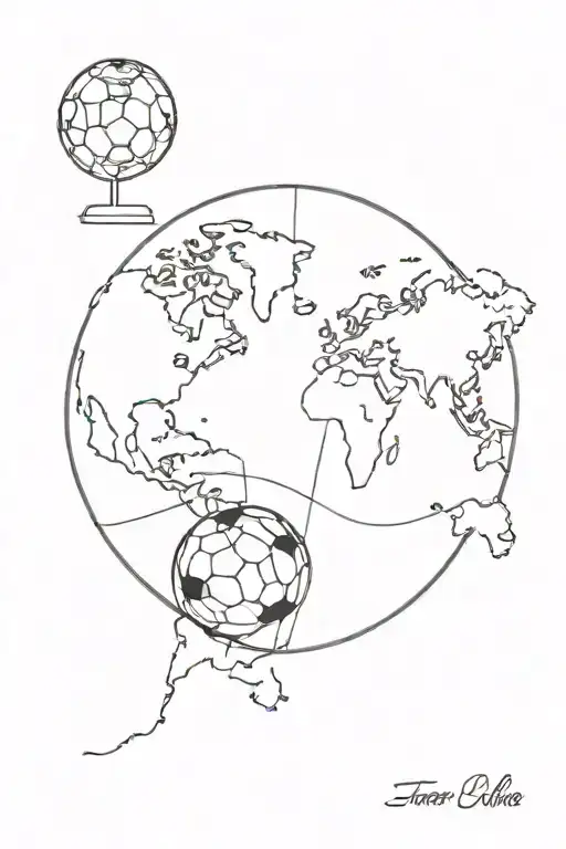 A minimalist outline of a world map with a soccer ball in the center, symbolizing your love for traveling and soccer tattoo design idea