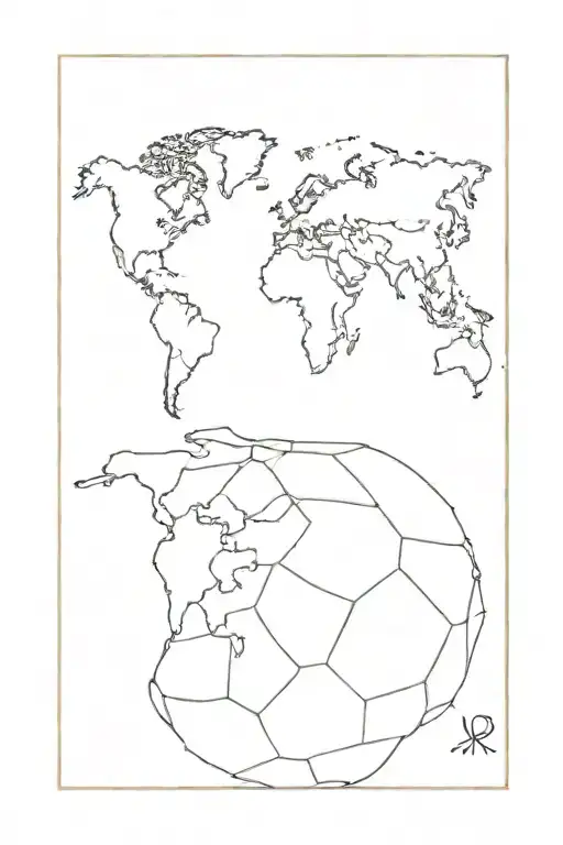 A minimalist outline of a world map with a soccer ball in the center, symbolizing your love for traveling and soccer tattoo design idea
