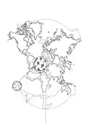 A minimalist outline of a world map with a soccer ball in the center, symbolizing your love for traveling and soccer tattoo design idea