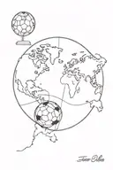 A minimalist outline of a world map with a soccer ball in the center, symbolizing your love for traveling and soccer tattoo design idea