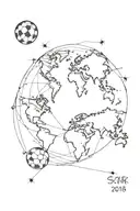 A minimalist outline of a world map with a soccer ball in the center, symbolizing your love for traveling and soccer tattoo design idea