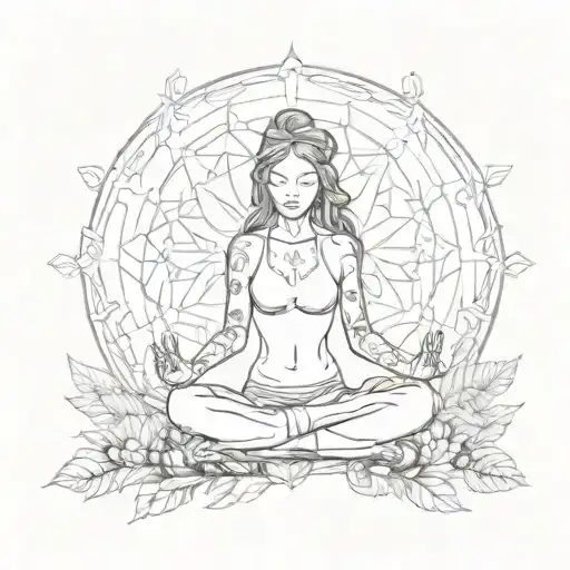 A sketch of a female figure practicing yoga with intricate nature elements surrounding her, symbolizing inner peace and connection to the earth tattoo design idea