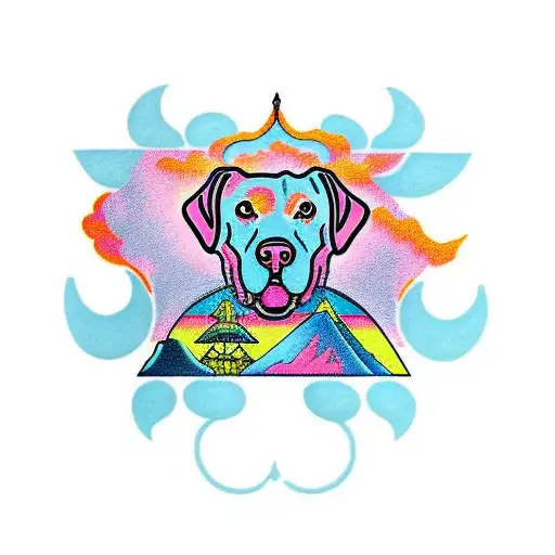 A muscular Labrador retriever wearing a Pink Floyd shirt lifting weights in a traditional Japanese garden tattoo design idea
