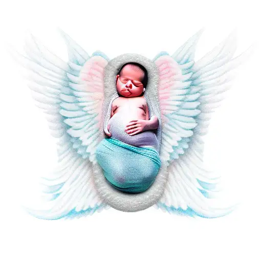 a sleeping stillbirth baby girl with angel wings tattoo design idea