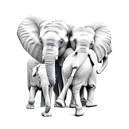 elephant dad with three smaller elephants next to him looking at them from their back side tattoo design idea