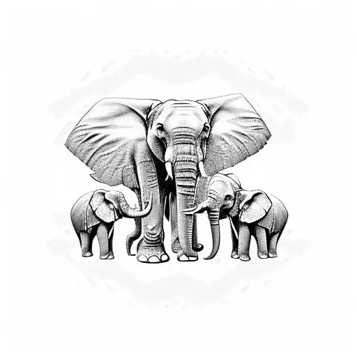 elephant dad with three smaller elephants next to him looking at them from their back side tattoo design idea