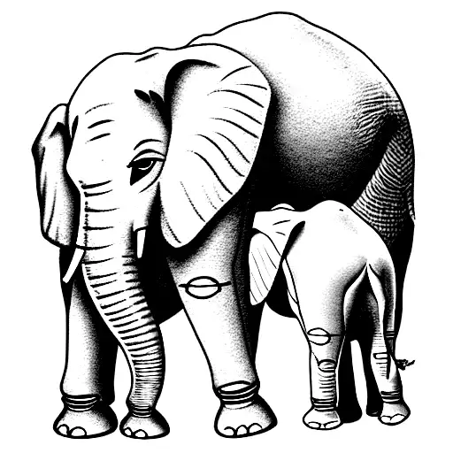 elephant dad with three smaller elephants next to him looking at them from their back side tattoo design idea