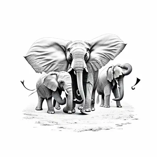 elephant dad with three smaller elephants next to him looking at them from their back side tattoo design idea